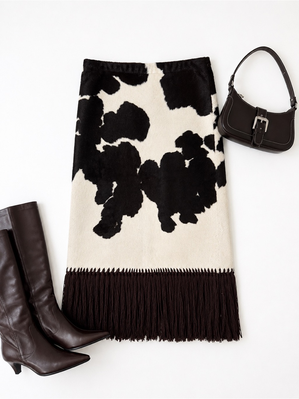 Dolce & Gabbana Calf Hair Cow Print Fringe Midi Skirt IT 38 Western Y2K